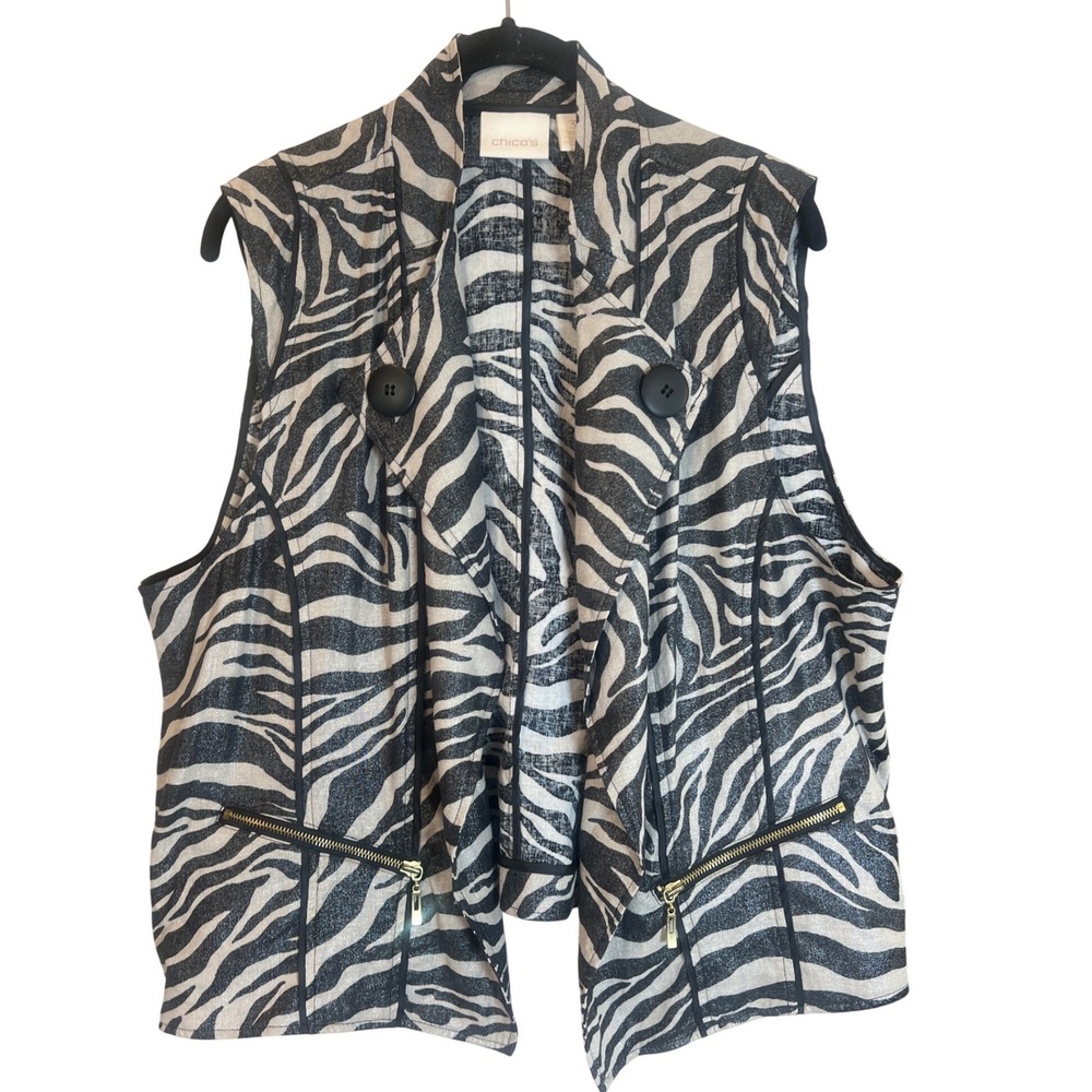 Chicos Zebra Print Linen Blend Vest Black White Metallic Zipper Pockets Size 3
